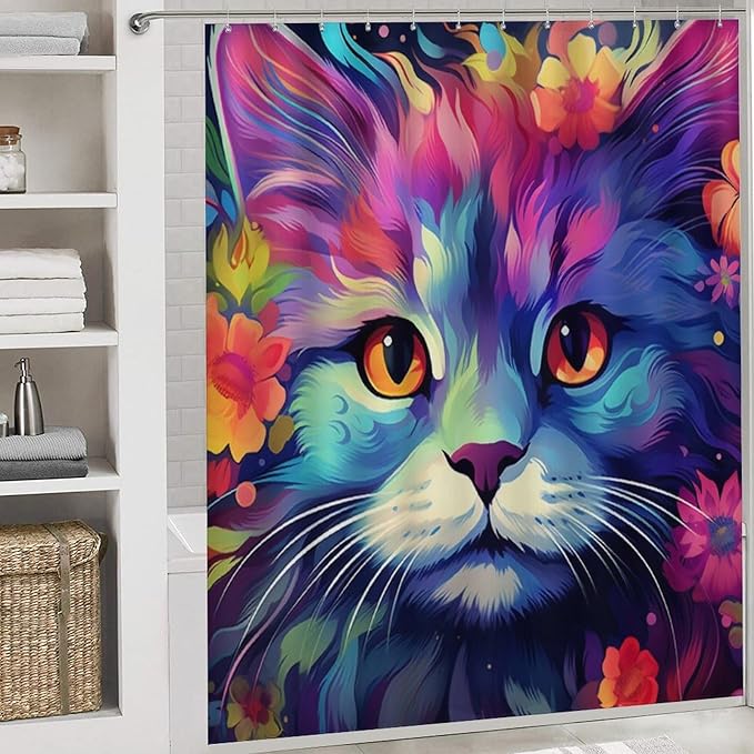 4Pcs Modern Colorful Cat Shower Curtain Sets with Non-Slip Rugs, Toilet Lid Cover and U Shape Bath Mat, Funny Abstract Flower Animal Bathroom Sets Waterproof Shower Curtains with 12 Hooks