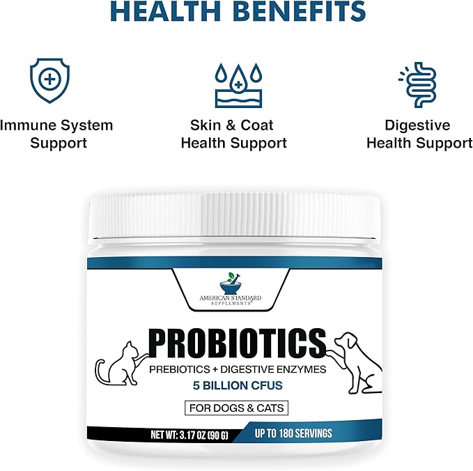 American Standard Supplements Probiotics for Dogs & Cats with Prebiotics & Digestive Enzymes, 5 Billion CFU, 9 Strains, 3.17oz (90g), 180 Servings - Dog & Cat Probiotics for Gut Health & Digestion