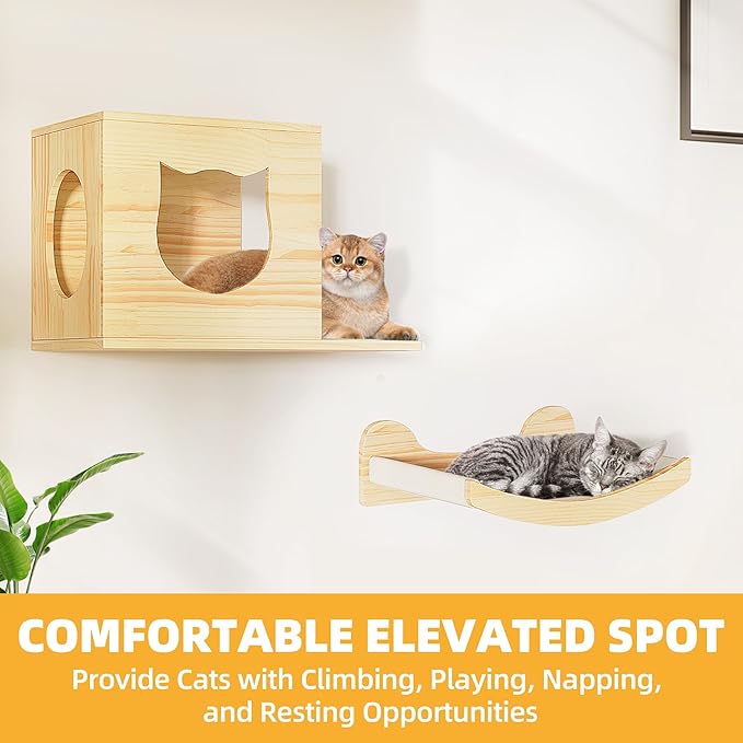 DWVO Cat Wall Shelves and Perches for Wall, Solid Wood Wall Mounted Cat Furniture, Set of 9 Cat Climbing Shelves with Moon Cat Wall House, Cat Wall Steps, Ladder, Scratching Post, Cat Hammock