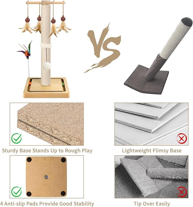 Cat Scratching Post, Sisal Scratching Posts for Indoor Cats Adults with Hanging Ball and Interactive Toys, 2 Mounting Methods Cat Scratcher for Kitten Cats, 25 inches