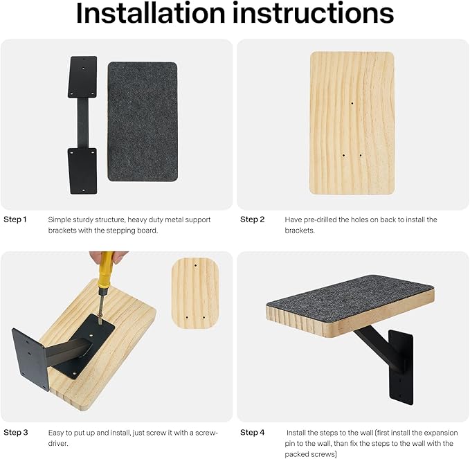 Cat Climbing Steps for Wall (Pack of 3) -Sturdy Metal Support Cat Wall Steps, Wall Floating Shelves, Indoor Cat Wall Furniture & Perch, Cat Hammock Bed, Cat Ladder Stairs-Easy to Install