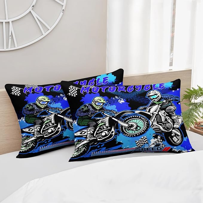 AILONEN Extreme Sport Dirt Bike Bedding Set for Kids Boys Men, Queen Size Blue Black Motocross Comforter with 2 Pillowcases,3 Pieces