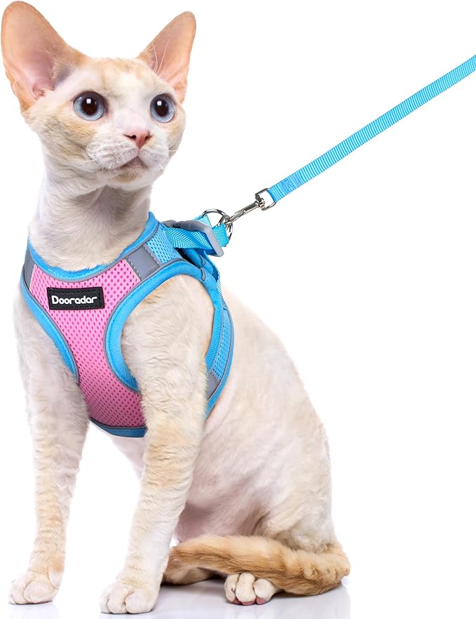 Dooradar Cat Harness and Leash Set, Escape Proof Lightweight Kitten Harness, Soft Breathable Reflective Vest for Outdoor Walking Traveling, Adjustable for Small Cats, Pink & Blue, S