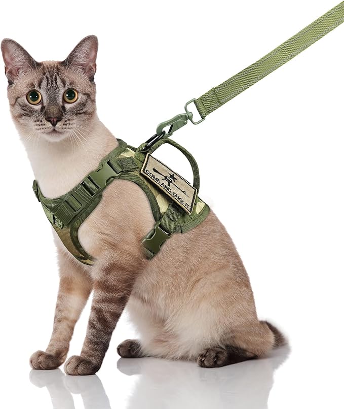 Tactical Cat Harness and Leash, Escape Proof Large Cat Walking Vest,Adjustable Soft Mesh Pet Vest Harness with Control Handle, Molle Patches