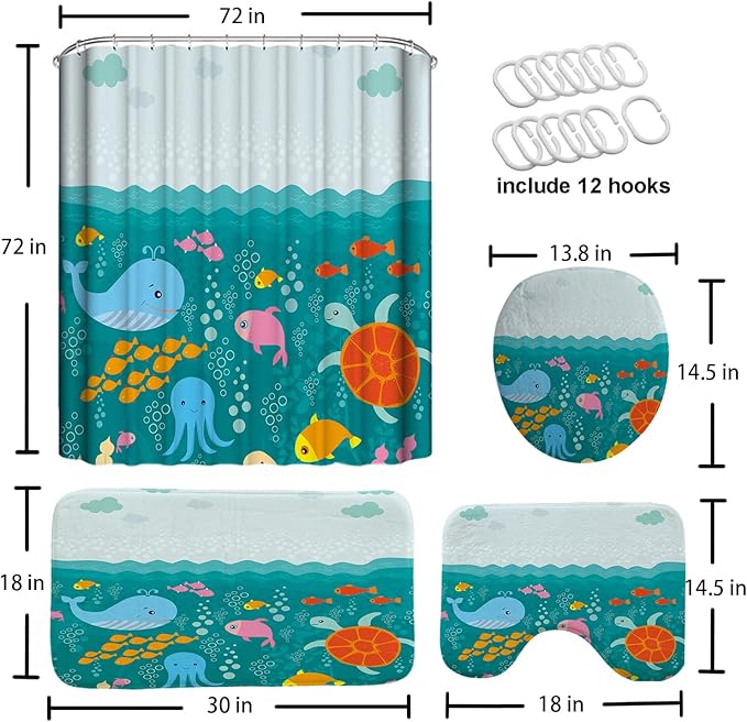 4 Pcs Lovely Cartoon Sea Creatures Fabric Shower Curtain for Kids with Non-Slip Rugs, Whale Turtle and Fish Bathroom Decor Curtain for Girls and Boys Fabric Polyester Waterproof 72 * 72in