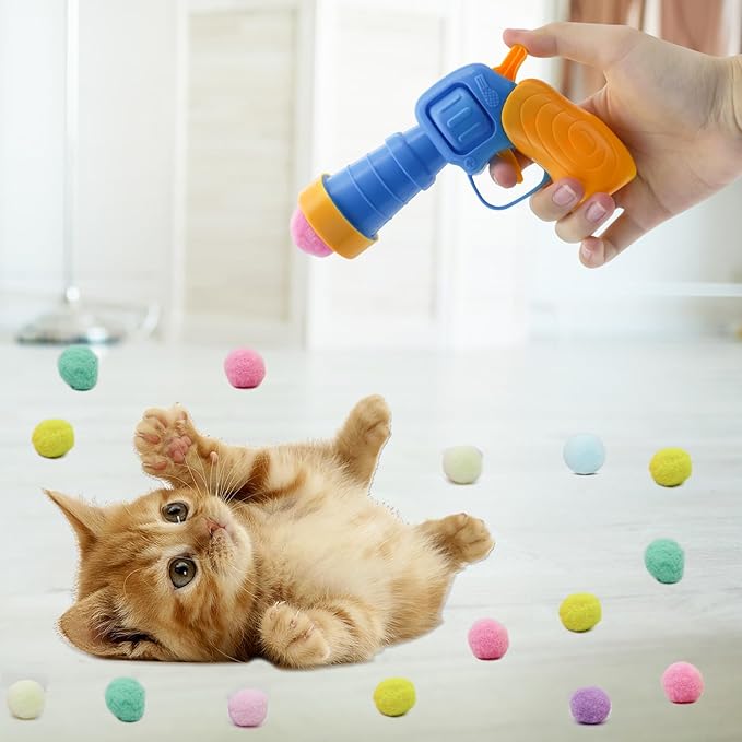 Andiker Cat Toy Balls Set, 30pcs Plush Cat Pom Pom Balls&a Plastic Launcher Set for Cat Catch&Fetch Interactive Cat Toy with Colorful&Soft Cat Balls for Indoor Cats to Keep Fit (Blue 100balls)