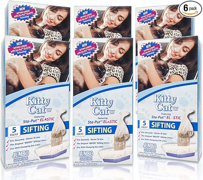 Alfapet Kitty Cat Pan Disposable, Elastic Sifting Liners- 5-Pack + 1 Solid Transfer Liner -For Large, X-Large, Giant, Extra-Giant Size Litter Boxes- With Easy Fit Sta-Put Technology - Pack of 6