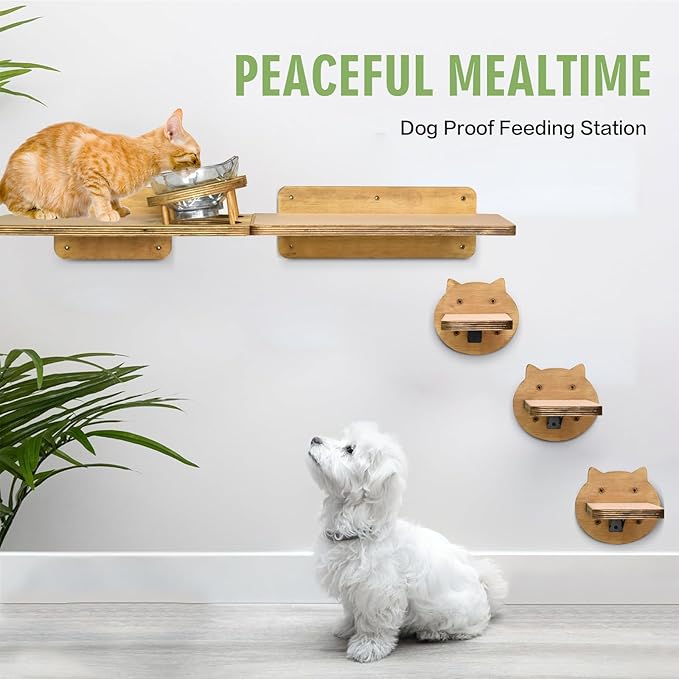 Cat Wall Shelves, Wood Cat Shelves for Wall with Cat Feeding Station, Cat Wall Furniture with 3 Cat Wall Steps, Cat Shelves and Perches, Wall Mounted Cat Climbing Shelf, Cat Lover Gift, 4 Board