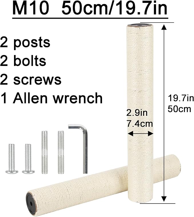 2.9in 7.4cm Diameter Cat Tree Scratching Post Replacement Pole Parts (M10, 50cm/19.7in)