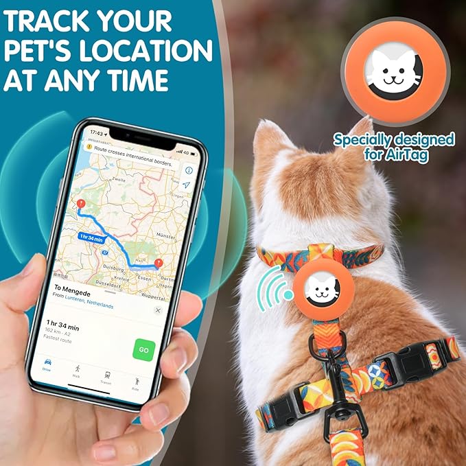 BINGPET Cat Harness and Leash Set Escape Proof for Walking,Adjustable Kitten Harness with Airtag Holder for Small Medium Large Cats,Easy Control Lightweight Harness with Safety Buckle Outdoor (Orange)