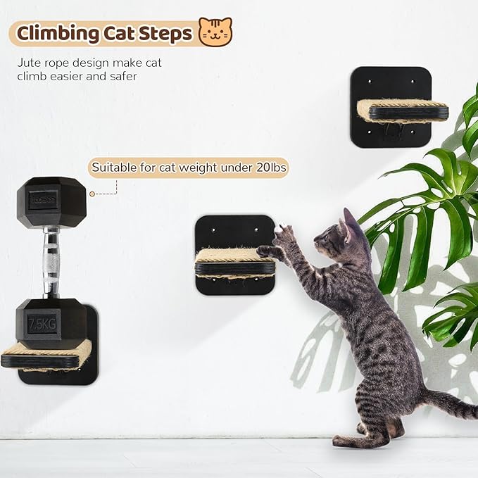 Cat Hammock Cat Wall Shelves with 3 Cat Wall Steps, Wall Mounted Cat Shelves and Perches with Hemp Rope Scratching, Cat Wall Furniture Climbing Shelves for Indoor Cats Set