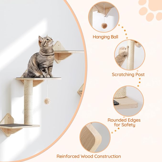 HOOBRO Wood Cat Wall Shelves, Set of 5 Cat Furniture, Cat Wall Mounted Furniture, Cat Climbing Shelves with Cat House, Cat Steps, Scratching Post, Perch, Sturdy and Anti-Slip, Natural NL43CS03