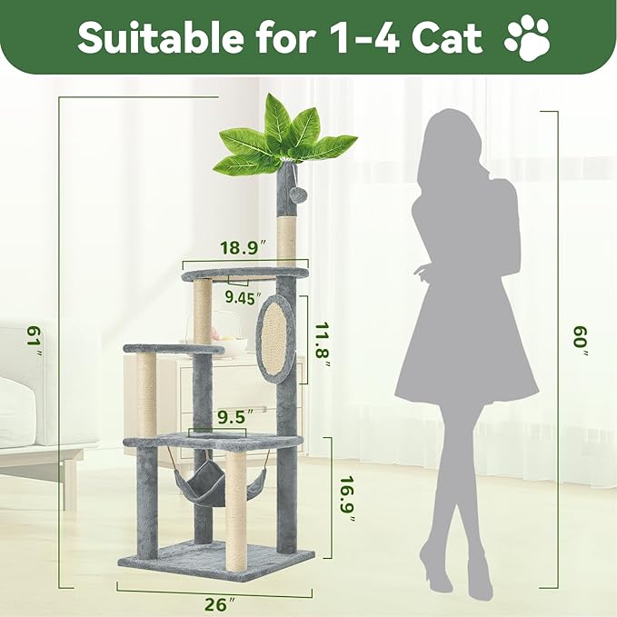 61" Large Cat Tree Tower for Indoor Cats with DIY Green Leaves Scratching Post Multi Soft Hang Ball Plush Cat House Furniture 360° Rotating Cat Scratch Board with Hammock, Grey