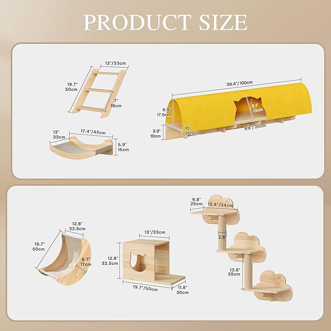 DWVO Cat Wall Shelves and Perches for Wall, Solid Wood Wall Mounted Cat Furniture, Set of 13 Cat Climbing Shelves with Moon Cat Wall House, Cat Wall Steps, Scratching Post, Hammock, Cat Tunnel