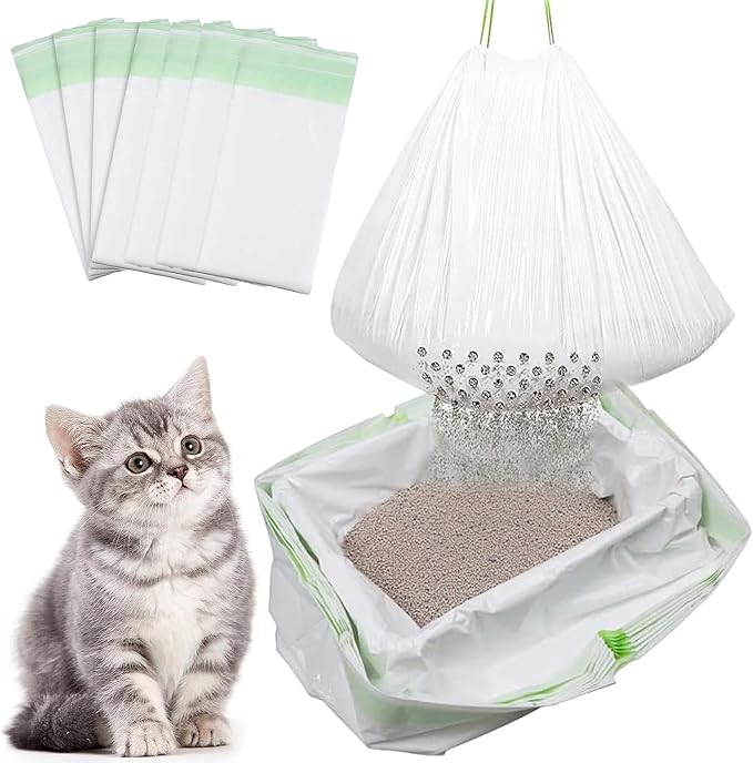 42Pcs Sifting Cat Litter Box Liners with Holes, Large Drawstring Cat Litter Pan Bags Cat Waste Litter Bags Pet Cat Supplies (37" x 18")