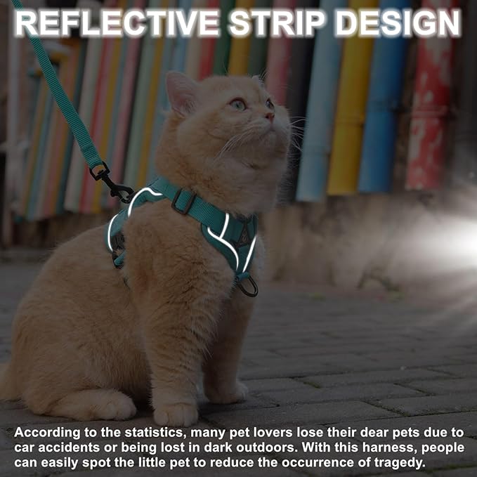 Cat Harness and Leash Set, Upgraded Escape Proof Adjustable Kitten Vest with Lead for Small Cat Outdoor Walking, Soft Breathable Mesh Jacket with Reflective Strips for Dark Night, S, Emerald Green