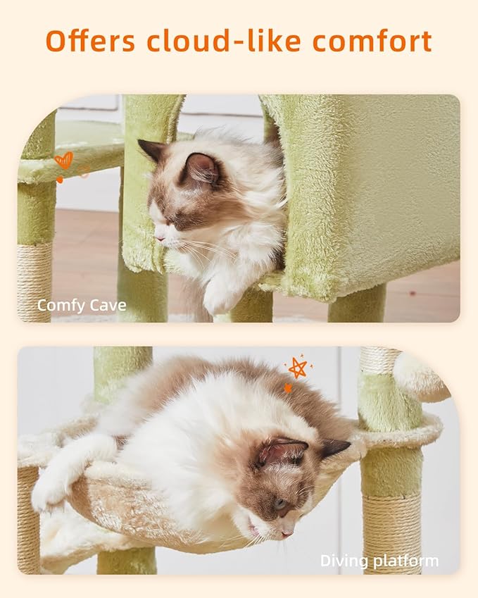 Taoqimiao Cat Tree, 39.4-Inch Cat Tower for Indoor Cats,Suitable for Kittens,Plush Cat Condo with 5 Scratching Posts, Plush Perch,2 Hammock,Pompoms, MS019GB Green and Beige