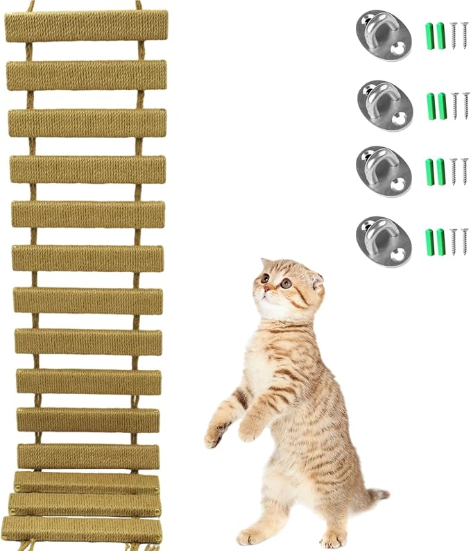 Cat Suspension Bridge,Natural Pine Solid Wood Cat Bridge,Wall Mounted Cat Furniture,Cat Climber Shelves Kitten Hammock,Cat Tree Indoor Hanging Cat Beds(Jute Rope Cat Bridge)