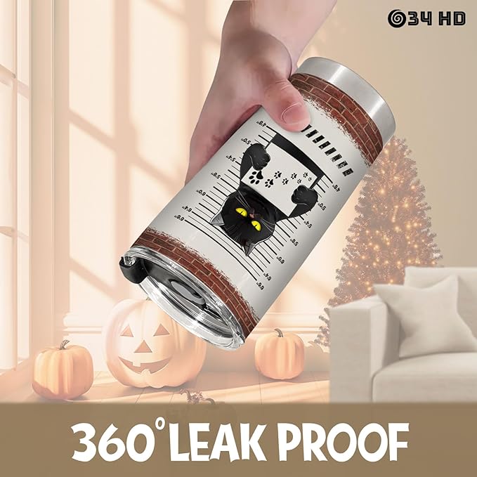 34HD Funny Black Cat Tumbler with Lid, 20 oz Stainless Steel Vacuum Insulated Personal Stalker Coffee Mug, Horror Cup, Cat Lover Gifts for Women Men Birthday Halloween Christmas