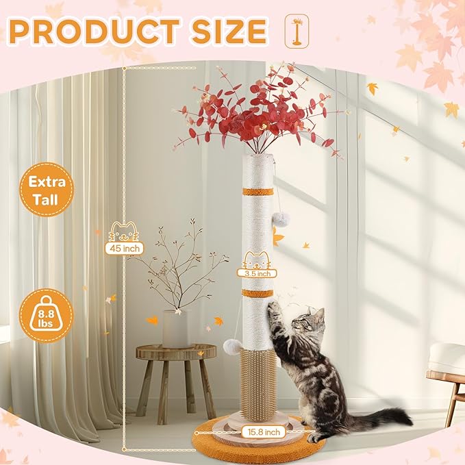 Cat Scratching Post,45'' Tall Scratching Post for Indoor Cats Adults,Cat Scratcher with 3.5Inch Diameter,Sisal Rope,Interactive Ball Toys,Self Groomer Brush for Large Cats Kittens