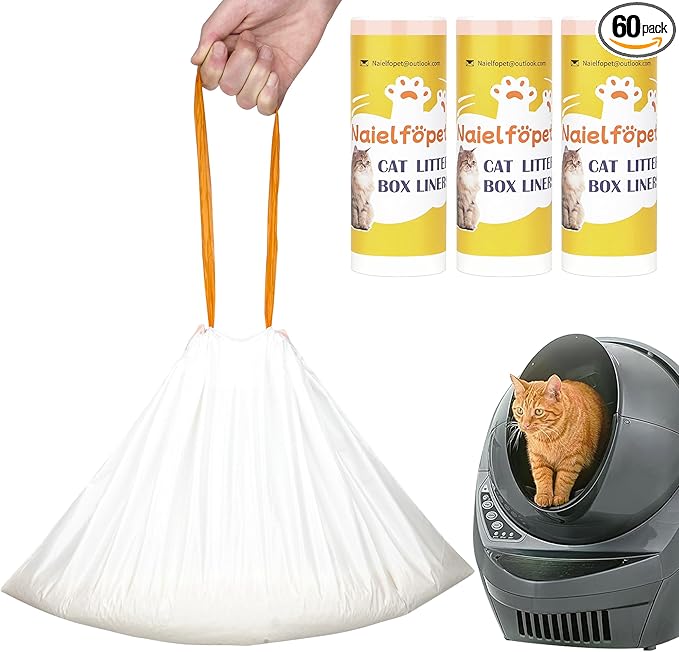 60 Count Cat Litter Box Robot 4 and 3 Waste Bags, 26" x 16" Thicken Durable Drawstring Litter Box Liners Poop Bags, 10~12 Gallons Self-Cleaning Automatic Litter Box Bags