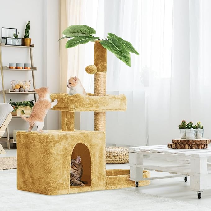 31.5" Cat Tree Cat Tower for Indoor Cats with Green Leaves, Cat Condo Cozy Plush Cat House with Hang Ball and Leaf Shape Design, Cat Furniture Pet House with Cat Scratching Posts, Beige