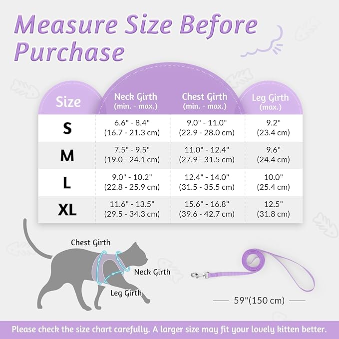 rabbitgoo Cat Harness and Leash Set for Walking Escape Proof, Adjustable Soft Kittens Vest with Reflective Strip for Cats, Comfortable Outdoor Vest, Light Purple, M