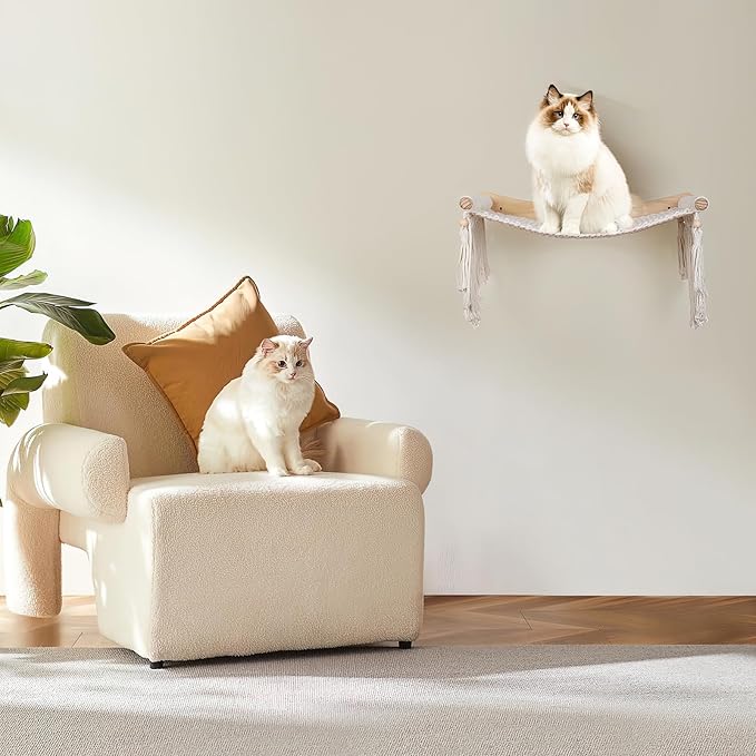 Cat Wall Shelves & Hammock - Comfy Cat Beds with Window Perch for Indoor Fun, Durable Wood & Macrame Cotton Ropes (21.6 * 11.8 Inches) for Sleeping & Climbing