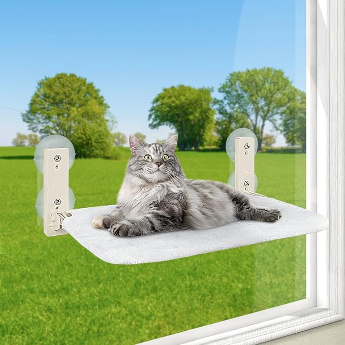 Foldable Cat Window Perch for Large Cat, Cordless Cat Hammock Window Seat Update Secure Hold with 4 Cone Shape Suction Cups and 2 Sturdy Larger Base for Indoor Cats (Large,White)