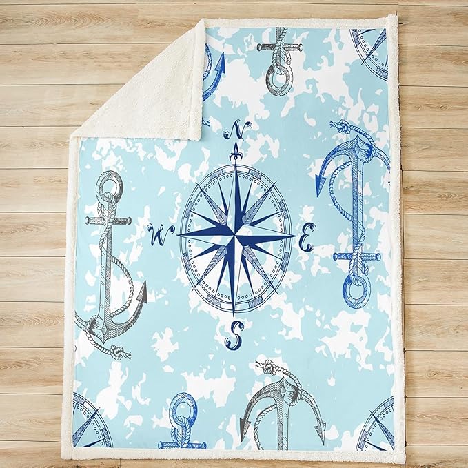 Anchor Decor Sherpa Blanket Nautical Compass Blanket for Bed Couch Travel Sofa Ocean Marine Themed Fleece Throw Blanket Kids Adults Soft and Cozy Sea Adventure Plush Fuzzy BlanketBaby 30"x40"