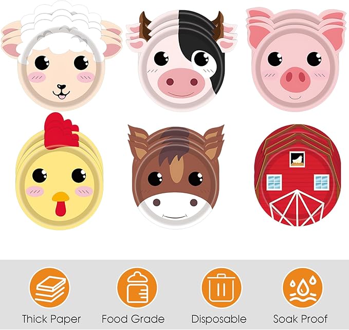40Pcs Farm Animal Birthday Party Paper Plates Farm Birthday Decorations Chicken Pig Cow Sheep Horse Disposable Plates for Kids Baby Shower Animals Party Supplies