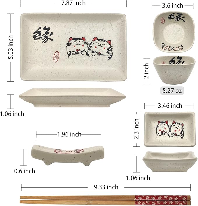 8 pcs Japanese Sushi Plate Sets Serving Platters and Trays for Entertaining Sushi Dishes Set Plates Sushi Plates Traditional Cuisine Dinnerware Sets with Chopsticks Cat