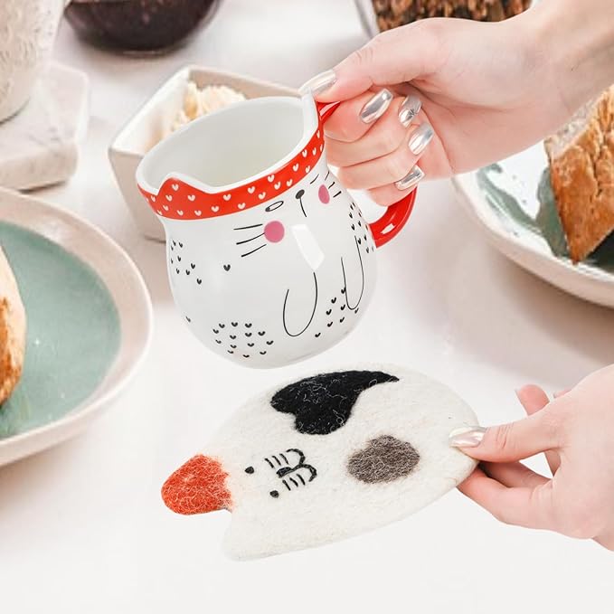 4 Pack Felt Cat Coasters, Durable Wool Cute Cat Themed Cup Coasters for Drinks, Creative Funny Cartoon Moisture Absorbent Mugs Mats Pads for Cats Lover, Home Decor, Table Protection