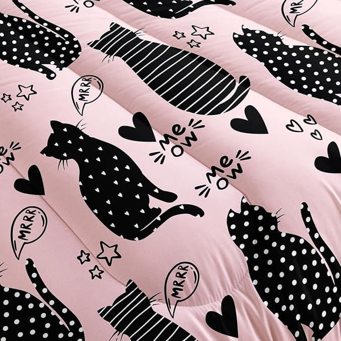 AILONEN Black Cat Comforter Set Queen Size,Pink and Black Soft Microfiber Kitted Bedding Set,3-Piece Cat Lover Bedroom Comforter with 2 Pillowcases