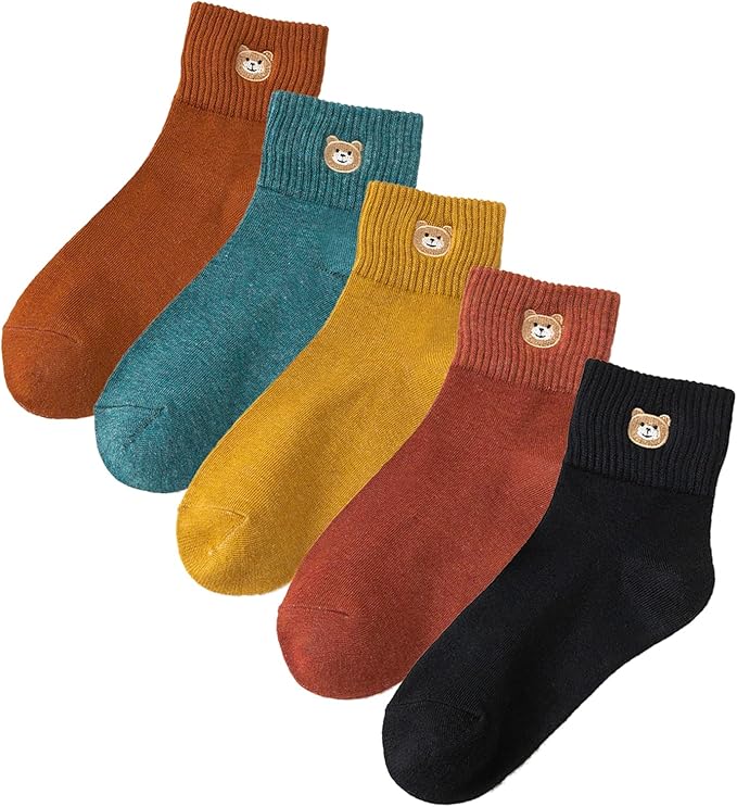 5 Pairs Women's Cute Bear Ankle Socks With Animal Embroidery - Gifts for Women