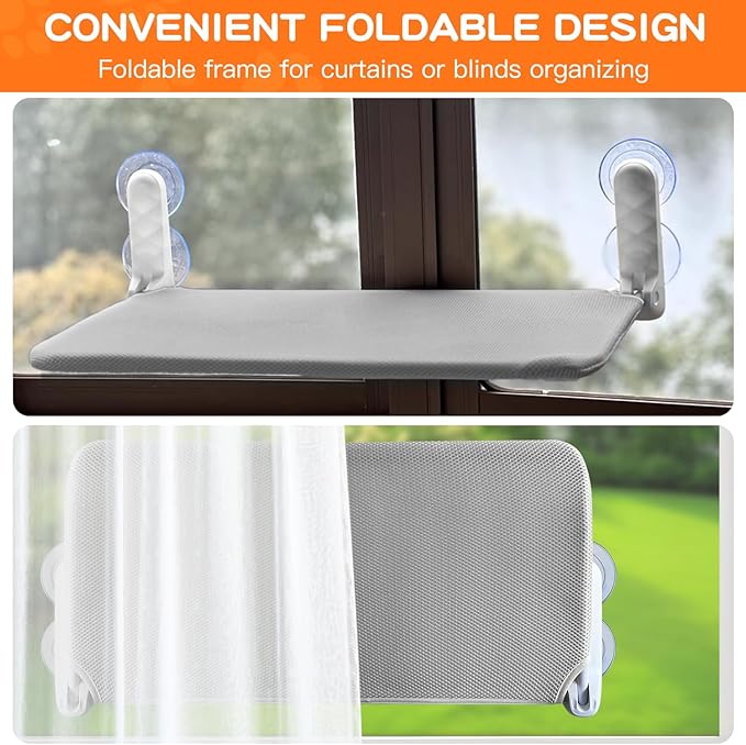 Cat Window Perch, Foldable Cat Window Bed with 4 Strong Suction Cups, Cordless Cat Hommack for Window Sill, Sturdy Metal Cat Window Seat Shelf for Indoor Cats with Reversible Cover(Grey)