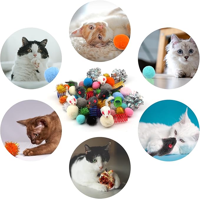 60 Packs Cat Toys Balls Set Spiral Springs Assorted, Kitten Ball Toys Assortments, Sparkle Ball, Cat Mouse Toy, Cat Crinkle Balls, Cat Springs, Furry Cat Toys Balls Soft Pom Pom Balls