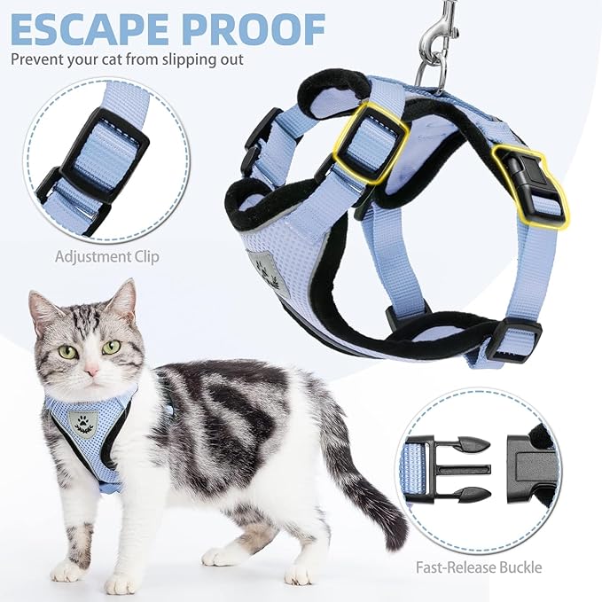 PUPTECK Cat Harness and Leash Set Escape Proof Reflective Cat Walking Harness Adjustable Soft Breathable Mesh Vest for Small Pets, Sky Blue, M