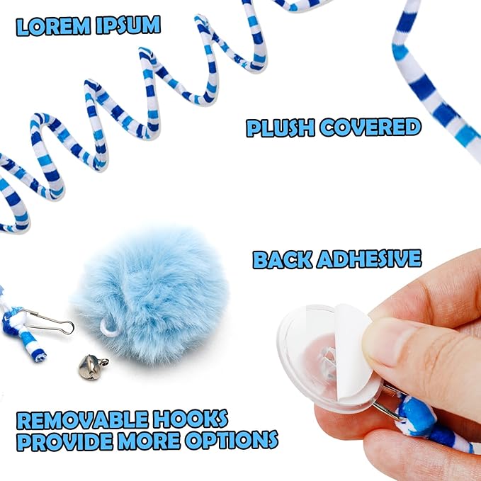 Audoloku 3 Pcs Cat Spring Toys with Self Adhesive Suction Cup Door Ceiling Hanging Cat Toy Interactive Kitten Coil Toys for Indoor Cat Ball Toys with Bell, Foldable Plush Rope Tail Cat Teaser Toy