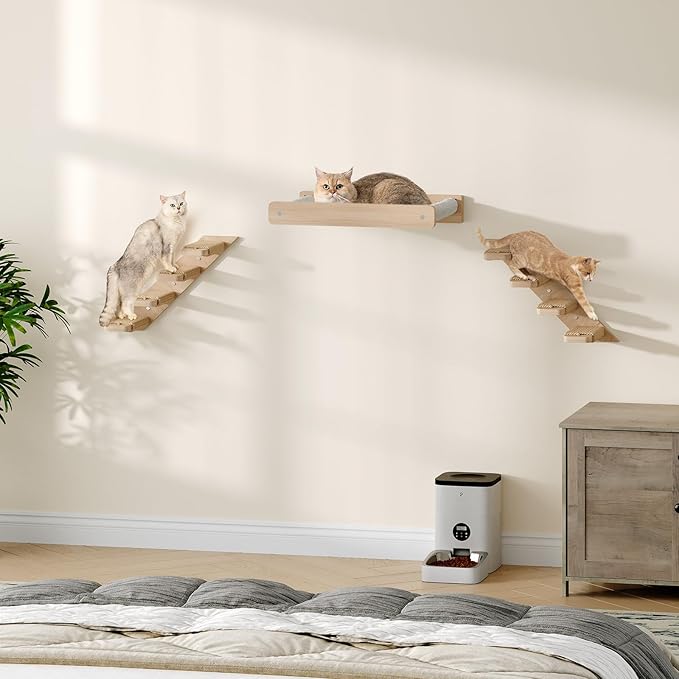 HOOBRO Cat Wall Shelves Set of 2, Wood Wall Mounted 4-Level Cat Ladders, Cat Climbing Shelves with Jute Scratching Steps, Cat Wall Climber Furniture, for Cat Perches and Platforms, Nature NL42CS03