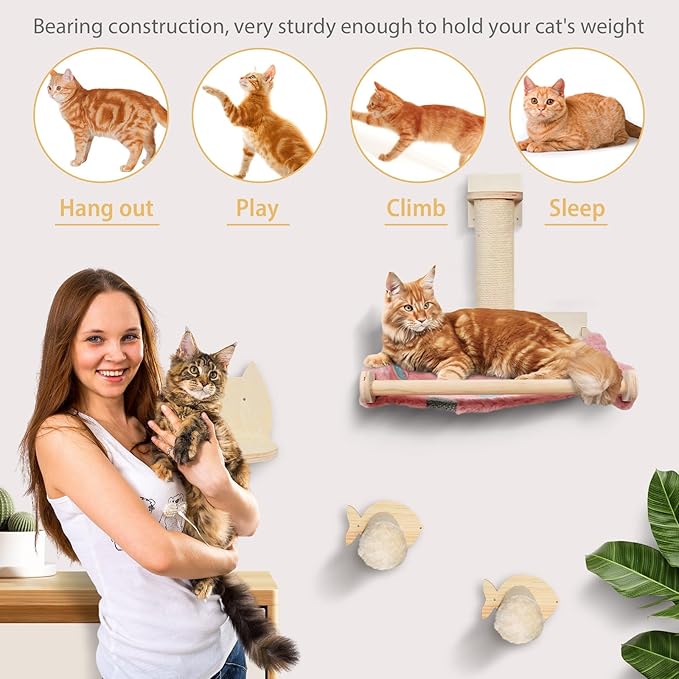TONY HOBY Cat Wall Shelves, Cat Scratching Post, Wall Cat Hammock, Cat Wall Steps Indoor Playground (4 Pcs)