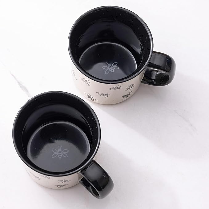 AmorArc 22 OZ Large Ceramic Coffee Mugs, Oversized Soup Cups With Big Handle for Men Women Dad Mom, Big Mug With Textured Bees Patterns for Office & Home -Microwave Safe, 2 Pcs-Black