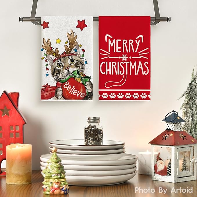 Artoid Mode Red Cat Merry Christmas Kitchen Towels Dish Towels, 18x26 Inch Star Xmas Ball Believe Daily Winter Decoration Hand Towels Set of 2