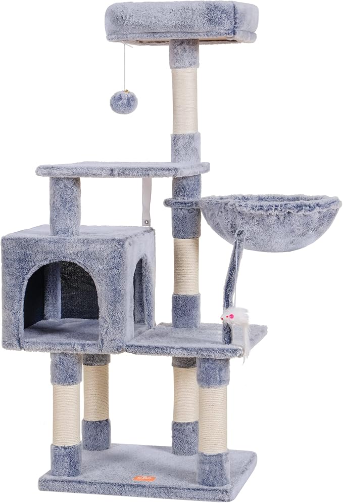 Heybly Cat Tree with Toy, Cat Tower condo for Indoor Cats, Cat House with Padded Plush Perch, Cozy Hammock and Sisal Scratching Posts, Pewter HCT004PE