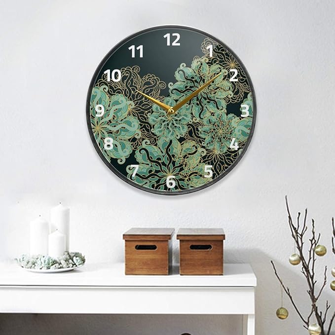 ALAZA Art Nouveau Flower Malachite Green Wall Clock Battery Operated Silent Non Ticking Clocks for Living Room Decor 12 Inch / 9.5 Inch