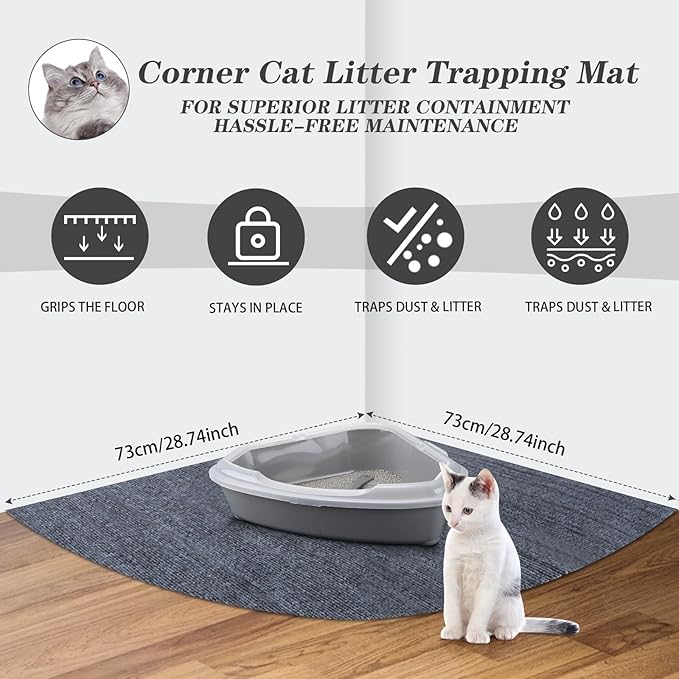 2 Pcs Corner Cat Litter Mat 29 Inch Litter Mat for Corner Machine Washable Litter Mat Ridged Design Fan Shaped Cat Litter Mat Absorbent Cat Litter Rug for Box Less Waste Space (Gray)
