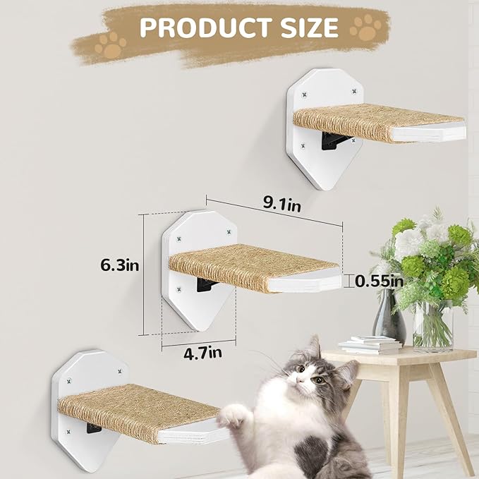 3-Pcs Cat Shelves Wall Mounted, Cat Wall Shelves Climbing Steps, Cat Shelves and Perches for Wall, Cat Wall Furniture with Sisal Rope, Cat Climbing Shelves Cat Wall Steps for Indoor Kitty, Cats(White)