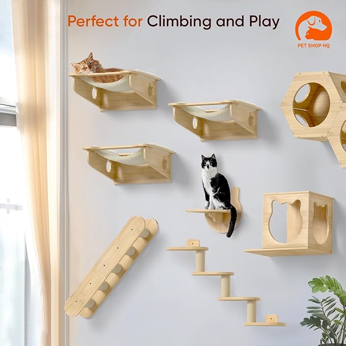 Cat Wall Shelves Furniture for Climbing - Cat House Wall Mounted - Indoor Wooden Floating Cat Furniture - Different Models Including Shelves, Perches, Hammock, Bed, Bridges, Walkways