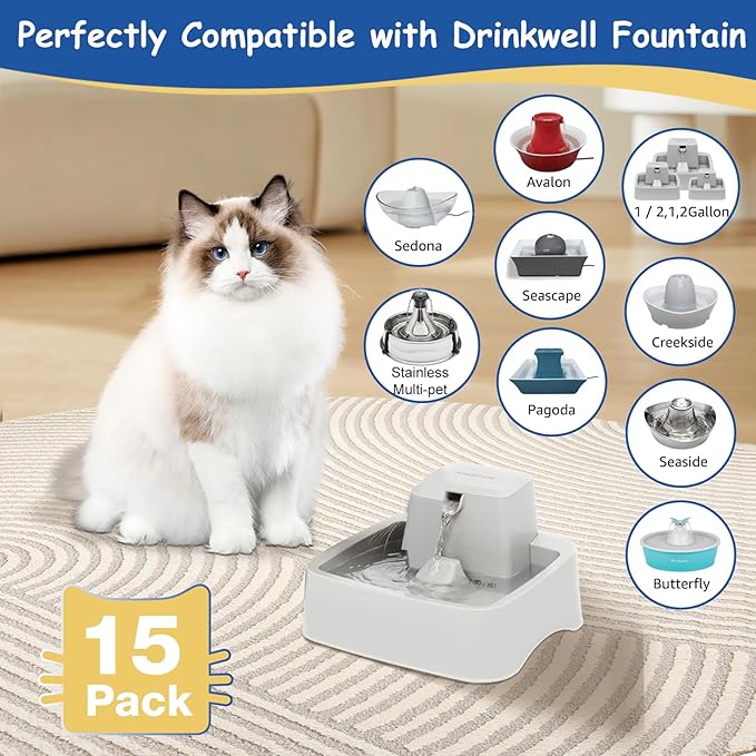 15 Count Cat Water Fountain Replacement Foam Filters Compatible with PetSafe Drinkwell Ceramic and Stainless Steel Pet Fountains, Pet Fountain Filter Replacement For Water Dispensers For Dog Cat
