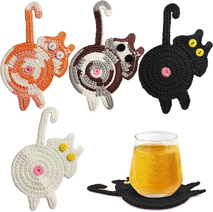 4Pcs Drink Coasters Cute Cat Design Coaster Funny Crochet Mug Coaster, Absorbent Hand Woven Drink Mat for Decoration, Lovers Gifts for Women Drink Cup Non-Slip Heat-Resistant (4Pcs)
